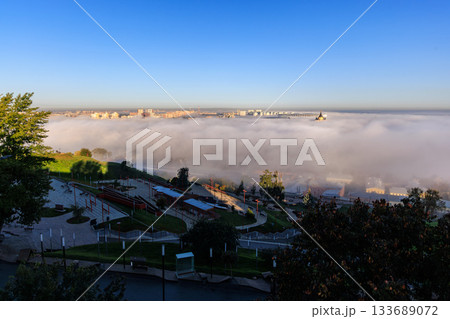 Fog Over River at Sunrise Nizhny Novgorod 133689072