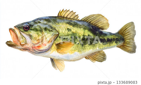 Watercolor a large mouth bass fish clip art illustration isolated on white background Watercolor a large mouth bass fish clip art illustration isolated on white background 133689083