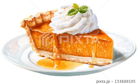 Watercolor homemade slice of pumpkin pie topped with whipped cream in white plate clip art illustration isolated on white background 133689105