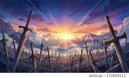ゲーム背景　夜明けの前の地平線に墓標のようにたくさん埋まる無数の剣 133689111
