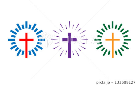 Christian Cross with Sunburst Rays Logo Set Religious Symbols. Christian Cross with Sunburst Rays Logo Set Religious Symbols. 133689127