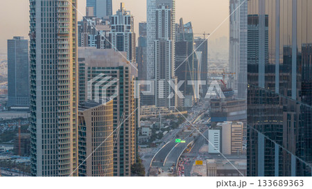 Dubai Downtown evening timelapse modern towers view from the top in Dubai, United Arab Emirates. 133689363