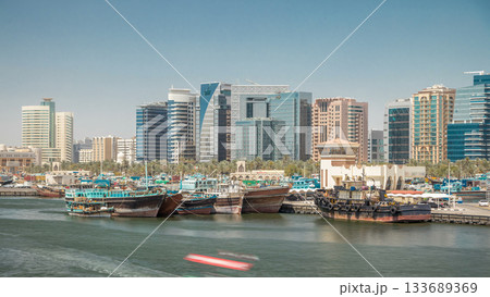 Trading wooden boats in the port timelapse. Merchant ships on the Creek Canal. 133689369