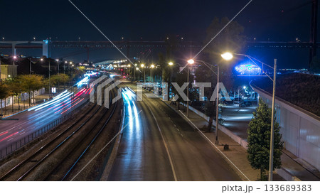 Car light trails timelapse. Night view of India Avenue in Belem zone in Lisbon Portugal 133689383