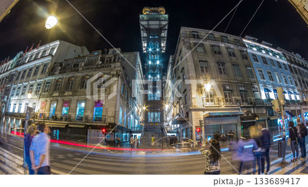 Santa Justa Elevator night timelapse in Lisbon, Portugal. Santa Justa Elevator night timelapse in Lisbon, Portugal. 133689417