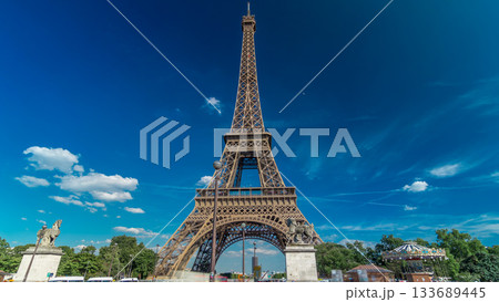 Eiffel Tower from bridge over Siene river in Paris timelapse hyperlapse, France 133689445