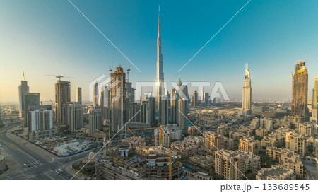 Beautiful luxury Dubai downtown aerial top view at sunset timelapse, Dubai, United Arab Emirates 133689545