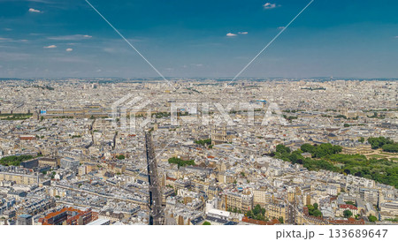 Top view of Paris skyline from observation deck of Montparnasse tower timelapse. Main landmarks of european megapolis. Paris, France 133689647
