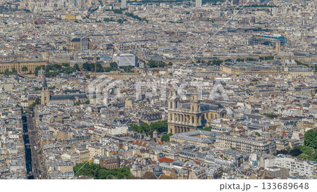 Top view of Paris skyline from observation deck of Montparnasse tower timelapse. Main landmarks of european megapolis. Paris, France 133689648