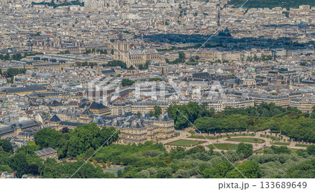Top view of Paris skyline from observation deck of Montparnasse tower timelapse. Main landmarks of european megapolis. Paris, France 133689649