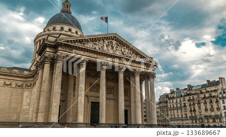National pantheon building timelapse, front view with street and people. Paris, France 133689667