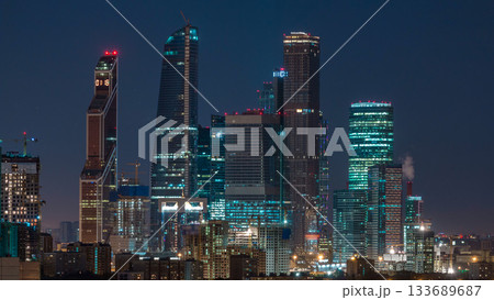 Moscow international business center Moscow City timelapse at night. Urban landscape metropolis night with skyscrapers 133689687