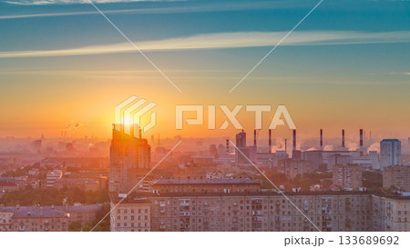 Residential buildings, Stalin skyscrapers and panorama of city at sunrise timelapse in Moscow, Russia 133689692