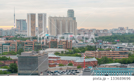 Moscow cityscape from rooftop timelapse. Residential buildings and Ostankinskaya tv tower. Aerial view from the roof 133689696