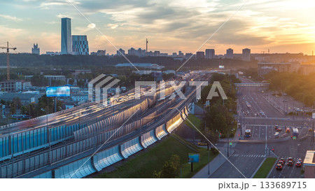 The Third Ring Road at sunset timelapse aerial view from rooftop. Moscow, Russia. 133689715