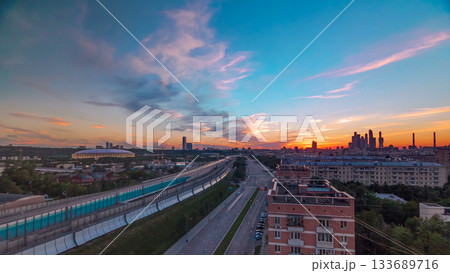 The Third Ring Road at sunset timelapse aerial view from rooftop. Moscow, Russia. 133689716