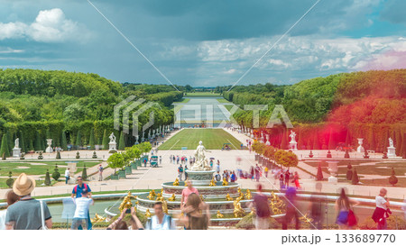 The Latona Fountain in the Garden of Versailles timelapse in France. 133689770
