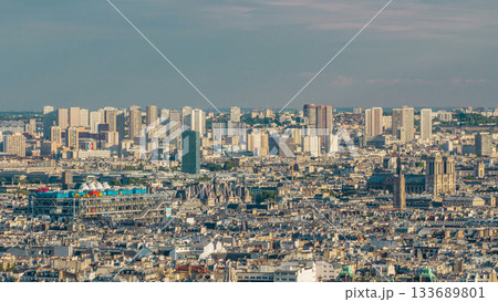 Panorama of Paris aerial timelapse, France. Top view from Montmartre viewpoint. 133689801