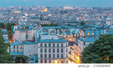 Beautiful Paris cityscape day to night timelapse seen from Montmartre. Paris, France 133689809