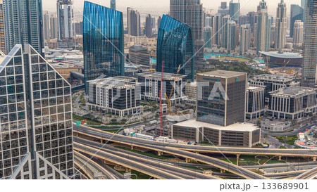 Dubai Downtown timelapse top view before sunset as shot from a rooftop viewpoint. Dubai, UAE 133689901