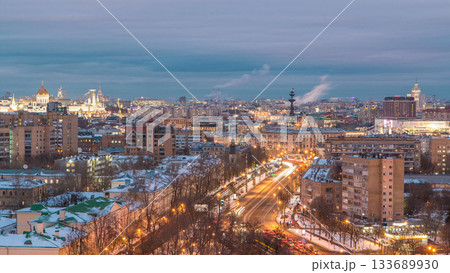 Moscow city Russia skyline aerial panoramic top view day to night timelapse urban winter snow scenery architecture background 133689930