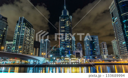 Dubai Marina towers and canal in Dubai night timelapse hyperlapse Dubai Marina towers and canal in Dubai night timelapse hyperlapse 133689994