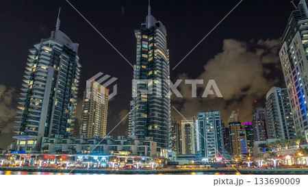 Dubai Marina towers and canal in Dubai night timelapse hyperlapse Dubai Marina towers and canal in Dubai night timelapse hyperlapse 133690009