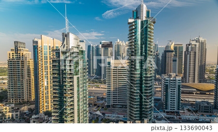 Aerial view timelapse of Dubai Marina at day time in Dubai, UAE 133690043