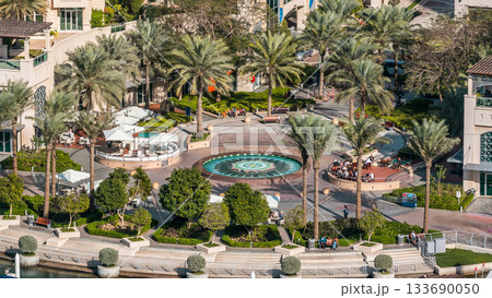 Fountain and palms timelapse at the marina walk, During day time. Dubai, UAE 133690050