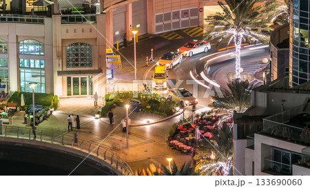 Aerial top view at night timelapse of Dubai Marina in Dubai, UAE 133690060