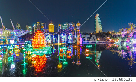 Dubai Glow Garden timelapse with illuminated trees and sculptures 133690139