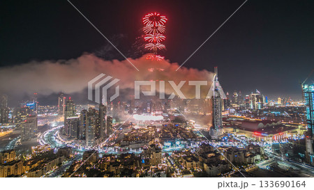 Dubai Burj Khalifa New Year fireworks celebration timelapse and the Fire accident at Dubai, UAE. Dubai Burj Khalifa New Year fireworks celebration timelapse and the Fire accident at Dubai, UAE. 133690164