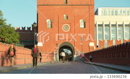 People walking near Troinskaya tower of Moscow kremlin timelapse, Russia 133690236