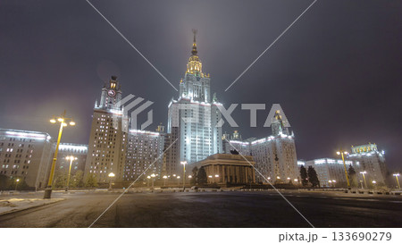 The Main Building Of Moscow State University On Sparrow Hills At Winter timelapse hyperlapse at Night 133690279