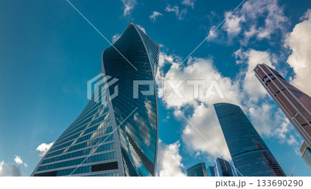 Moscow City business center skyscrapers office buildings looking up view timelapse hyperlapse. 133690290