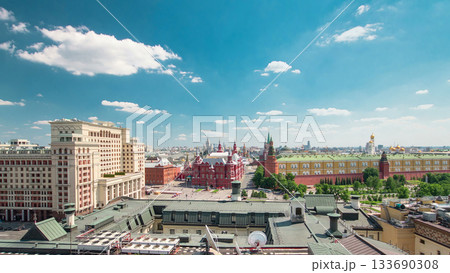 Panorama of Manezh Square, Hotel Moscow, historical Museum and Kremlin timelapse in Moscow, Russia. 133690308