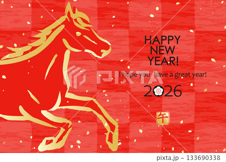 2026年賀状　和紙風市松模様に馬 133690338