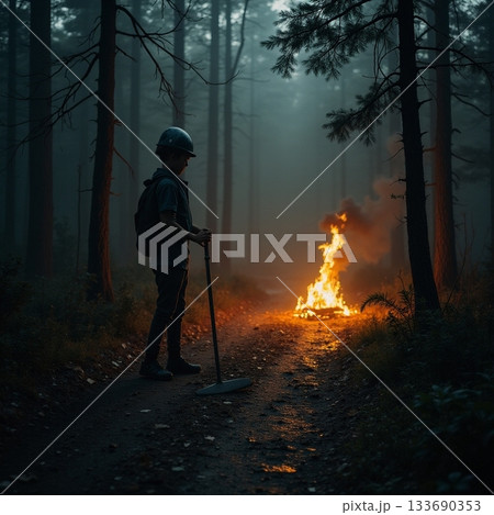 Forest worker monitors fire in misty evening woods Generative AI 133690353