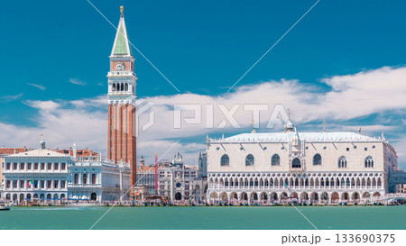 Campanile di San Marco and Palazzo Ducale, from San Giorgio Maggiore timelapse hyperlapse, Venice, Italy. 133690375