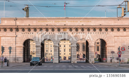 Exterior of outer castle gate from Ringstrasse timelapse in Vienna city in sunny day. 133690386