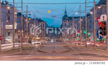 Monument to Schwarzenberg on Schwarzenbergplatz square day to night timelapse in Vienna. Austria Monument to Schwarzenberg on Schwarzenbergplatz square day to night timelapse in Vienna. Austria 133690392