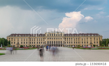 Beautiful view of famous Schonbrunn Palace timelapse hyperlapse with Great Parterre garden in Vienna, Austria Beautiful view of famous Schonbrunn Palace timelapse hyperlapse with Great Parterre garden in Vienna, Austria 133690418