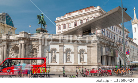 Front view of equestrian statue of Archduke Albert in front of the Albertina Museum timelapse hyperlapse in Vienna, Austria 133690424