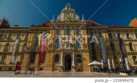 A view of the Museum of Arts and Crafts timelapse hyperlapse in Zagreb during the day. Croatia 133690478