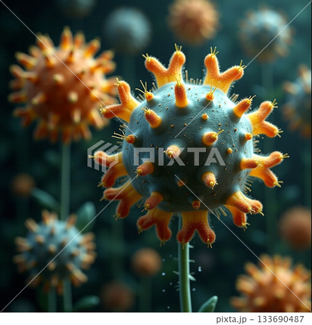 Vibrant microscopic view of viral structures in nature Generative AI 133690487