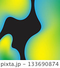 Abstract fluid shapes in vibrant yellow, green, and blue blend with bold black accent, creating dynamic and modern design 133690874