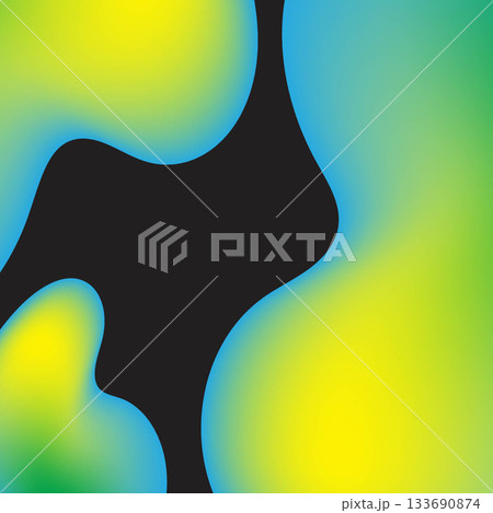 Abstract fluid shapes in vibrant yellow, green, and blue blend with bold black accent, creating dynamic and modern design 133690874
