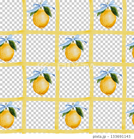 Lemon watercolor seamless pattern. Hand drawn tropical sour fruit with bow. Clip art of juicy yellow lime. Citrus on isolated white background. Ideal for logo and packaging of natural cosmetics 133691143