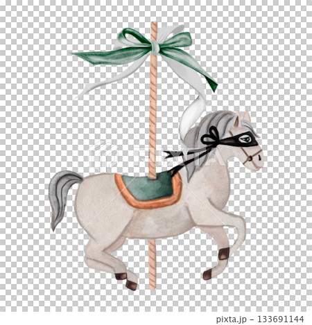 Watercolor carousel horse. Vintage hand-drawn animal with an elegant bow. Perfect for baby shower and birthday cards and posters. Watercolor carousel horse. Vintage hand-drawn animal with an elegant bow. Perfect for baby shower and birthday cards and posters. 133691144