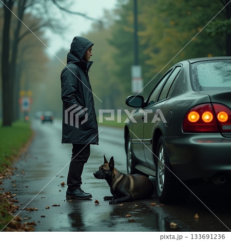 Dog waits patiently beside owner on a rainy street Generative AI Dog waits patiently beside owner on a rainy street Generative AI 133691236
